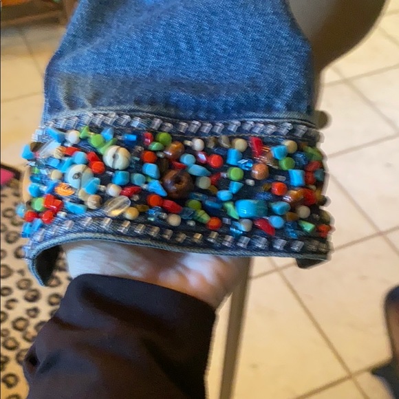 One of a kind: Turquoise Beaded jean jacket with cross on back - Picture 5 of 8